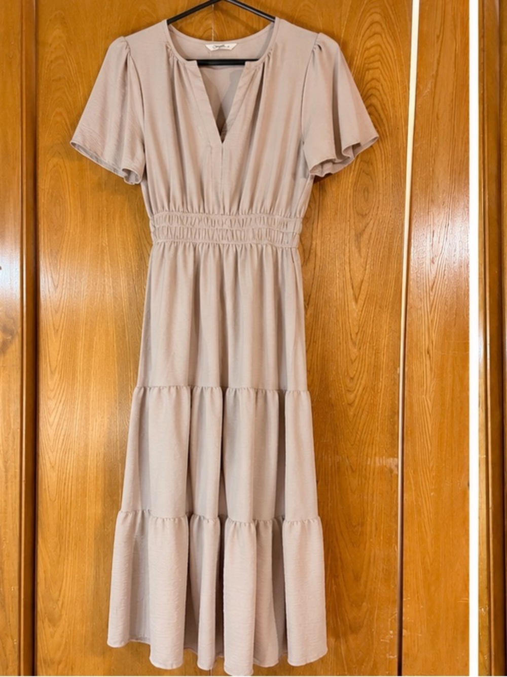 Simplee Apparel Neutral Tiered V-Neck Midi Dress